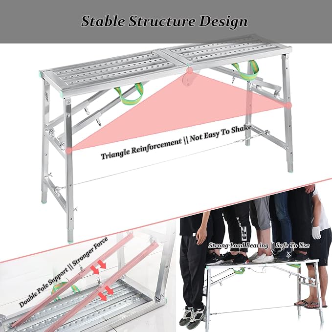 Scaffolding Equipment, Step Ladders, Portable Multipurpose Folding Scaffolding Work Platform Scaffold Tower Ladder Stool Bench Adjustable Height, Galvanized Steel Welding, 800 Lbs Maximum Load
