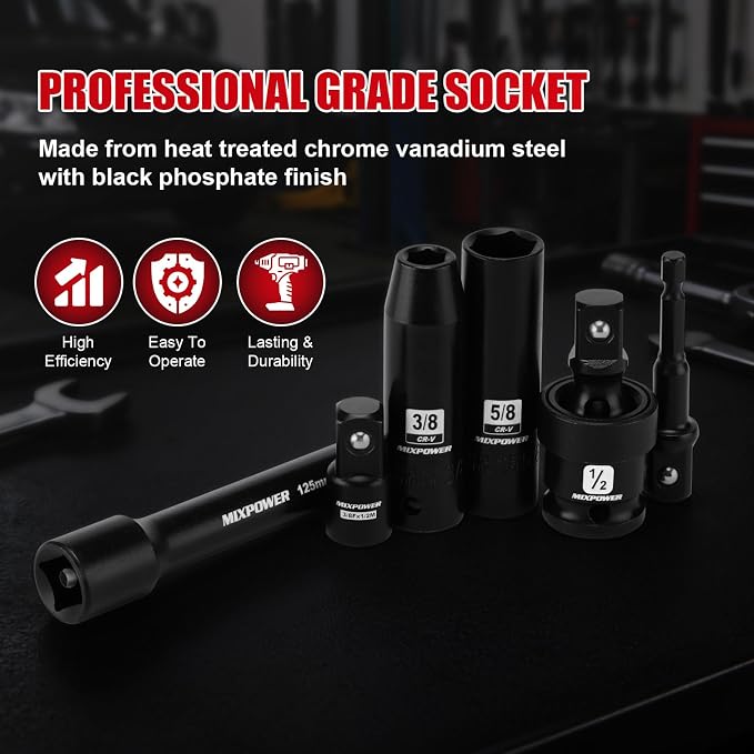 MIXPOWER 25 PCS 1/2” Drive Impact Socket Set, 3/8" to 1-1/2" Deep Socket, 6-Point Hex Socket with Portable Case,SAE,CR-V&CR-MO Steel