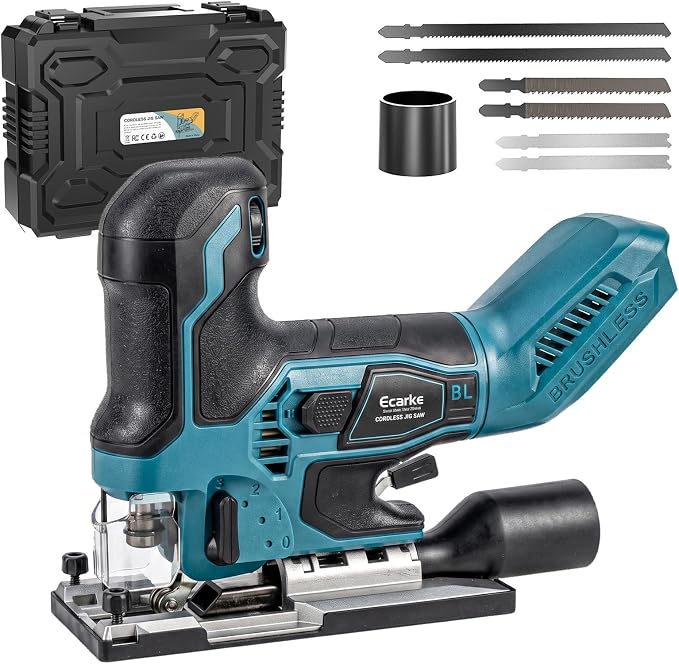 Ecarke Cordless Jig Saw Compatible With Makita 18V Battery, Brushless Motor 3800RPM, 7 Speeds Dial Control, Free-Tool ±45° Bevel Cuts, 4 Orbital Action, Dust Blows and 6 Blades For Cutting, Tool Only