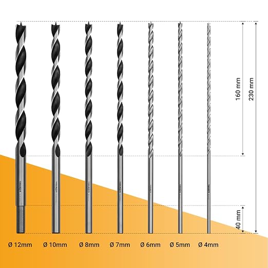 Extra Long 230mm Brad Point Wood Drill Bit Set Metric - 7 Pack Carpenters Quality - Drill Splinter-Free Perfectly Round Holes in All Types of Wood (4mm, 5mm, 6mm, 7mm, 8mm, 10mm, 12mm)