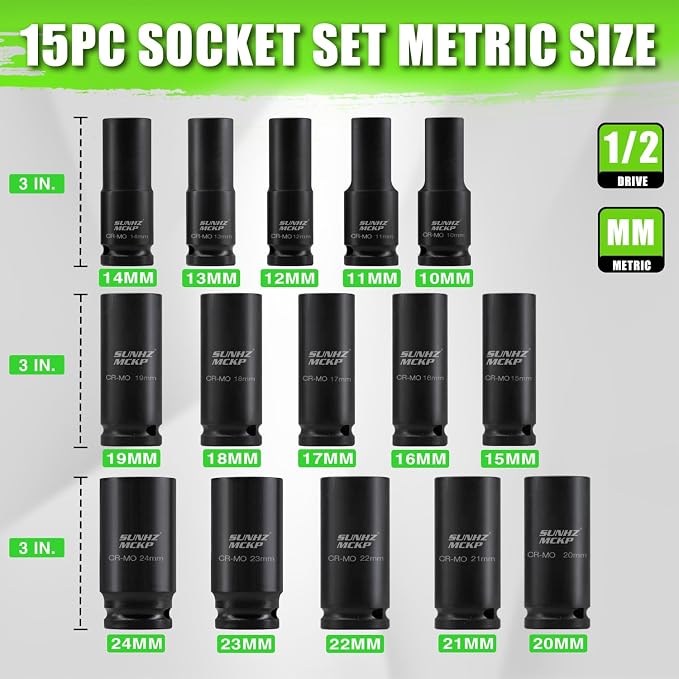 SUNHZMCKP 1/2" Socket Set, 21pcs Drive Deep Impact Socket Set, 6 Point Standard Metric Sockets (10mm - 24mm), Including 3 ", 6", 10" Impact Extension Bar and Drill Socket Adapter, Cr-MO