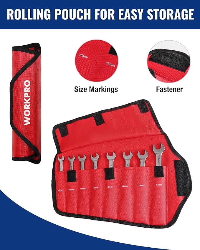 WORKPRO 8-piece Ratcheting Combination Wrench Set, Metric & Nickel Plating | Metric 9-17 mm, 180° Flex-Head, 72-Teeth Cr-V Steel, Combination Wrench Set with Organization Bag for Auto Repair & Home DIY