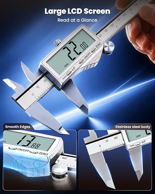 HARDELL Digital Caliper 6"/150mm, Rechargeable Stainless Steel Micrometer, Large LCD. in/MM/Fraction, Auto-Off, Electronic Measuring Tool for Machinist Woodworking 3D Printing DIY Household