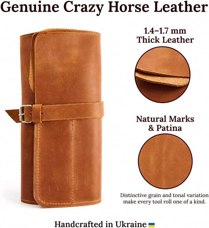 Genuine Leather Tool Roll – Compact Roll-Up Tool Organizer with Multiple Pockets for Wrenches, Screwdrivers & Pliers – Portable Leather Tool Storage Case, Warm Brown (Tools Not Included)