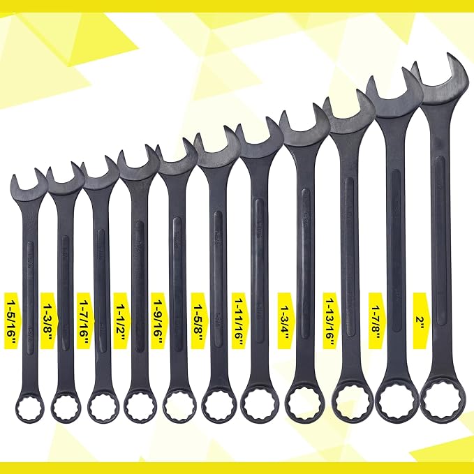 11PC Jumbo Combination Wrench Set, SAE, 1-5/16'' to 2 inch, Extra Large Combination Wrench Sets, Black Oxide Finish with Pouch (11PC-SAE)