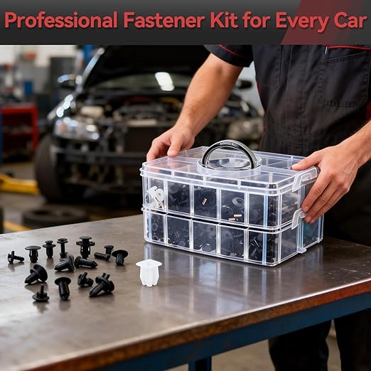 1355Pcs Car Body Retainer Clips Set - 3-Layer Storage Box with Metal Screws & U-Nuts. Universal Auto Push Pin Rivets + 5 Blue Trim Removal Tools for Bumper Fender (1355Pcs)