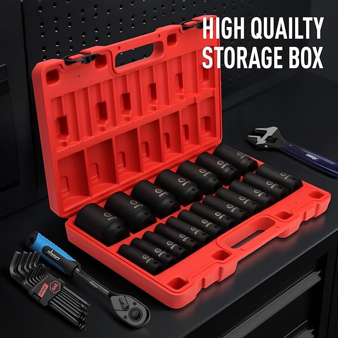 DISEN 19 Pcs 1/2" SAE Impact Socket Set | Deep Sockets 3/8"- 1-1/2", 6-Point Cr-V & Alloy Steel, 1/2 Inches Drive, Rugged Construction, Enhanced Storage Case