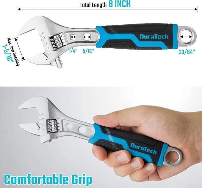 DURATECH 8 Inch Adjustable Wrench, 3-in-1 Spanner | Box End, Hex Function, CR-V Steel, Metric & SAE Scales, Chrome-plated, Bi-material Soft Grip