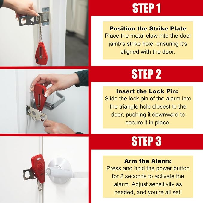 Securityman Portable Door Lock with Alarm | Hotel Door Locks for Travelers Security | Loud 130dB Door Security Device for Hotel Room, Apartment Home, & Travel Safety Inside for Women Children - Red