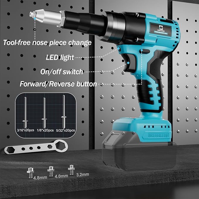 Cerycose Rivet Gun Compatible with Makita 18V Battery,Cordless Riveters Tool,Brushless Rivet with 3 Size(1/8", 5/32", 3/16") Aluminum Rivets & LED Light for Construction,Metalworking