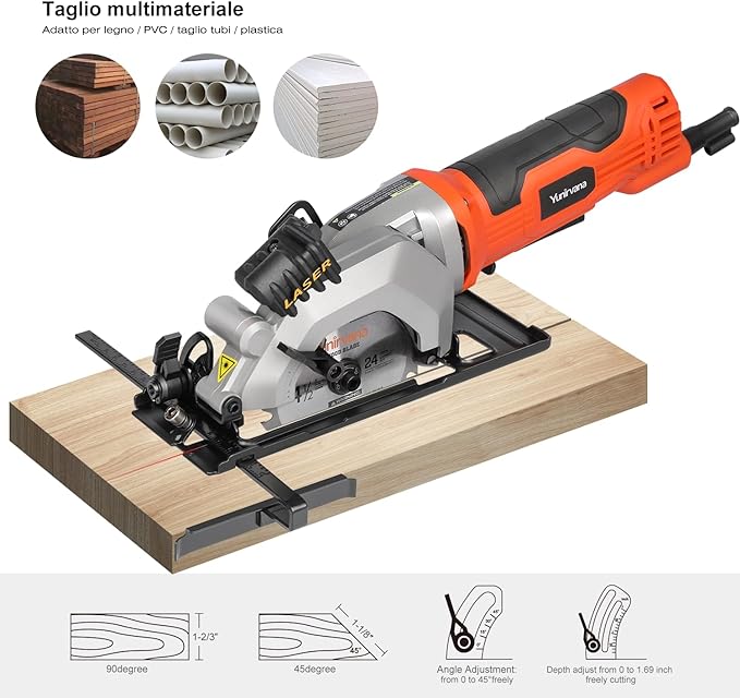 Yunirvana 4Amp 3500RPM Mini Circular Saw with Laser Guide, Vacuum Adapter, Blade Wrench and Rip Guide, Max. Cutting Depth1-5/8"(90°), 1-1/10"(45°）Compact Saw with 2 pcs 4-1/2" 24T TCT Blades