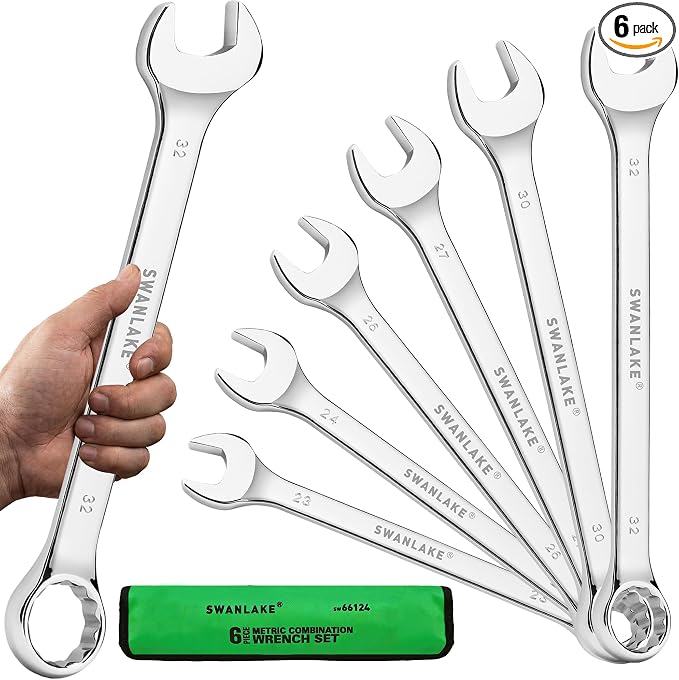6-Piece Metric Wrench Set, Large Wrench Set Metric and Standard, 23mm, 24mm, 26mm, 27mm, 30mm, 32mm Long Big Open End Wrench Tool Set Roll Up Pouch Organizer, Combination Wrenches Sets