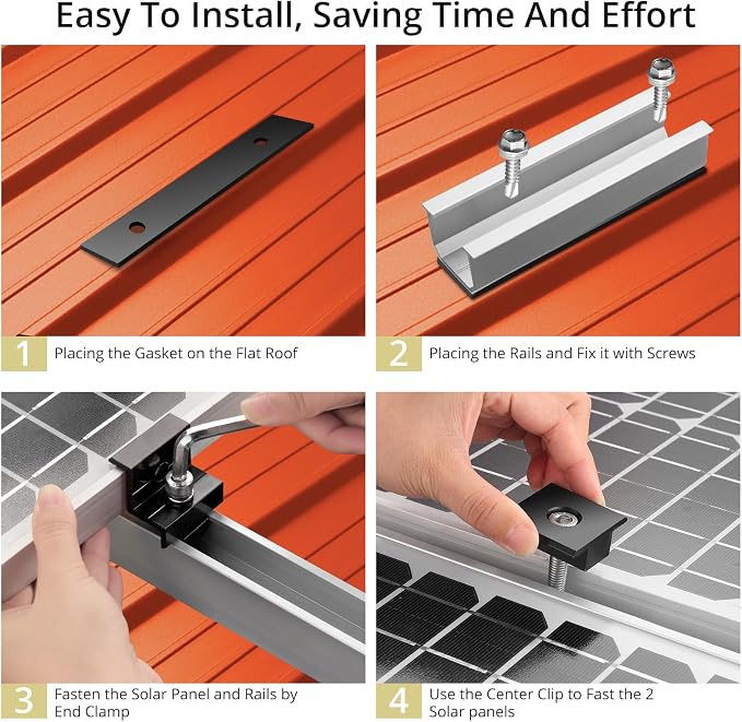 Anbte Solar Panel Mounting Kit for 4 Panels, 4.72 in Rails, Black & Silver | Included 10 x 4.72" Rails + 4 end Clamps + 6 Center Clamps + 1 Wrench, , Aluminum Solar Brackets for Roof, RV, Boat