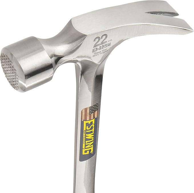 ESTWING Framing Hammer - 22 oz USA Made Long Handle Straight Rip Claw Hammer with Milled Face & Shock Reduction Grip - E3-22SM