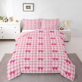 Feelyou Pink Grid Bowknot Comforter Set All Season Bow Checkered Bedding Set with 2 Pillow Cases Princess Microfiber Kids Full Bedclothes Bedroom Decor Duvet Quilt Breathable Soft Lightweight