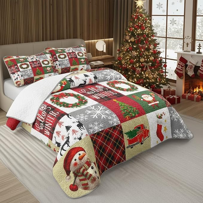 Merry Christmas Patchwork Quilt Set King- Santa Claus Snowman Tree Snowflakes Checkered Printed Holiday Bedding Set - Soft Microfiber Lightweight Comforter Coverlet Bedspread(Car, King(90"x104"))