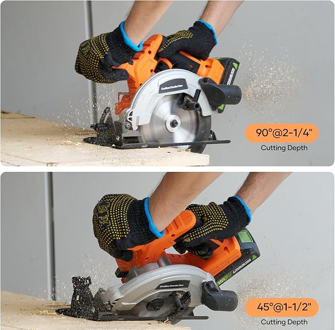 20V 6-1/2-inch Cordless Circular Saw, 2.0Ah Battery Powered: Brushless Motor, 45° Bevel Capacity, Max Cutting Depth 2-1/4-inch (90°), 1-1/2-inch (45°), Electric Circular Saw for Wood, Plastic Cutting