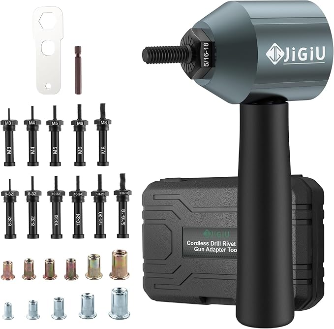 JiGiU Cordless Rivet Nut Drill Adapter Kit Electric Rivet Gun Adapter with 11 Mandrels & 100PCS Nuts Easy to Install Electric Nut Gun Adapter for Mechanical Automobile Maintenance with Carrying Case