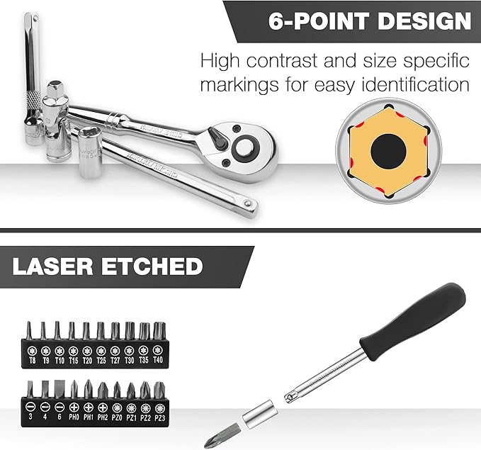 EACELIY 75pcs 1/4" Drive Impact Socket Set, Master Socket Set,Wrench Set with 1/4" Bit Adapter, Universal Joint, Ratchet, 1/4 "Drive Bit Set Extension (5/32" - 9/16 ", 4-14mm)