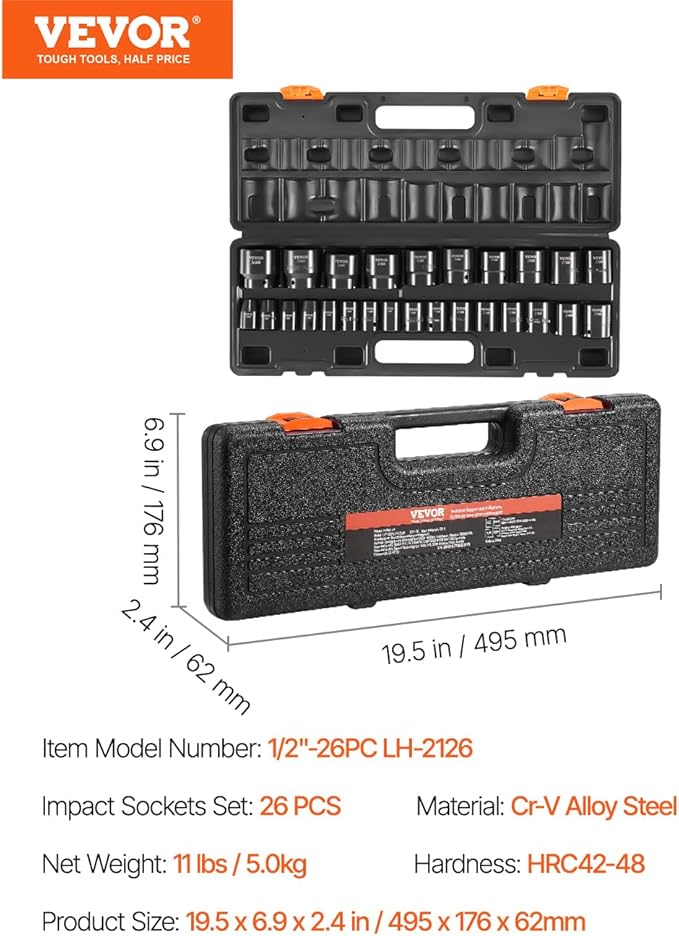 VEVOR 1/2" Drive Impact Socket Set 26-Piece, Metric (10-36mm) Sizes Standard Socket Set CR-V Material for High Durability Impact Wrench