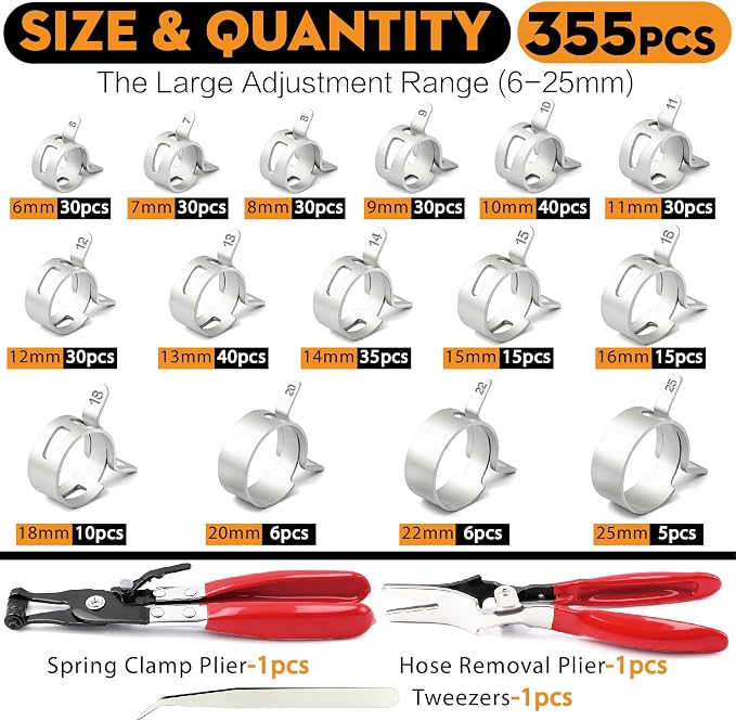 355Pcs Spring Band Hose Clamp Assortment Kit, 6-25mm 15 Sizes Carbon Steel for Fuel Line, Vacuum & Silicone Hoses, Automotive & DIY, with Swivel Jaw Pliers & Removal Tool