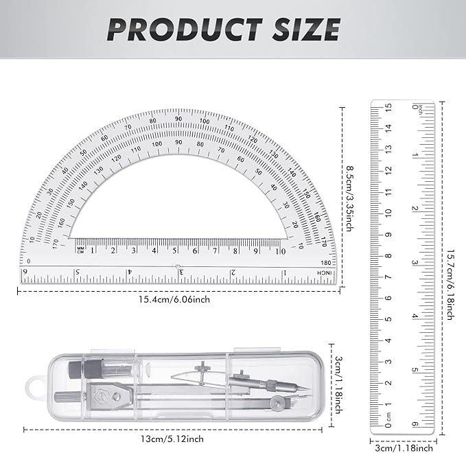 Zonon 3 Pcs Plastic Ruler 6 Inch Protractor Drawing Compass Set, Student Geometry Math Transparent Measuring Tools for Home School Classroom Office Supplies(6 Inch,Clear)