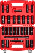 VEVOR 1/2" Drive Impact Socket Set, 29-Piece Deep Sockets | SAE (3/8 to 1 inch) and Metric (10 to 24 mm), 6 Point, CR-V Steel, Extension Bars (3", 5", 10"), Easy-to-Read Size Markings