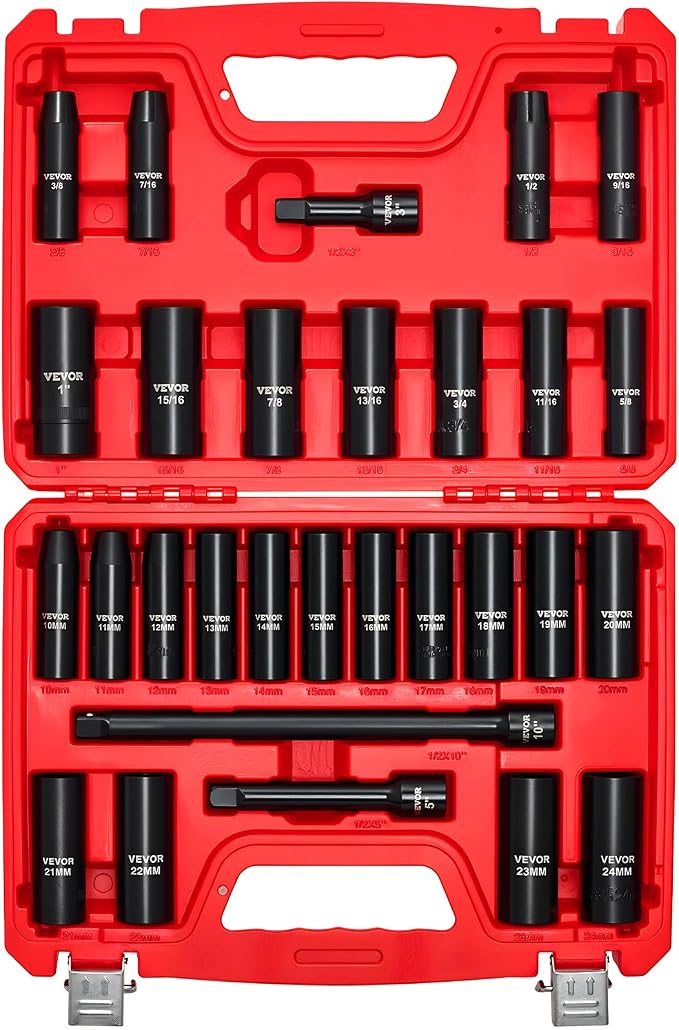 VEVOR 1/2" Drive Impact Socket Set, 29-Piece Deep Sockets | SAE (3/8 to 1 inch) and Metric (10 to 24 mm), 6 Point, CR-V Steel, Extension Bars (3", 5", 10"), Easy-to-Read Size Markings