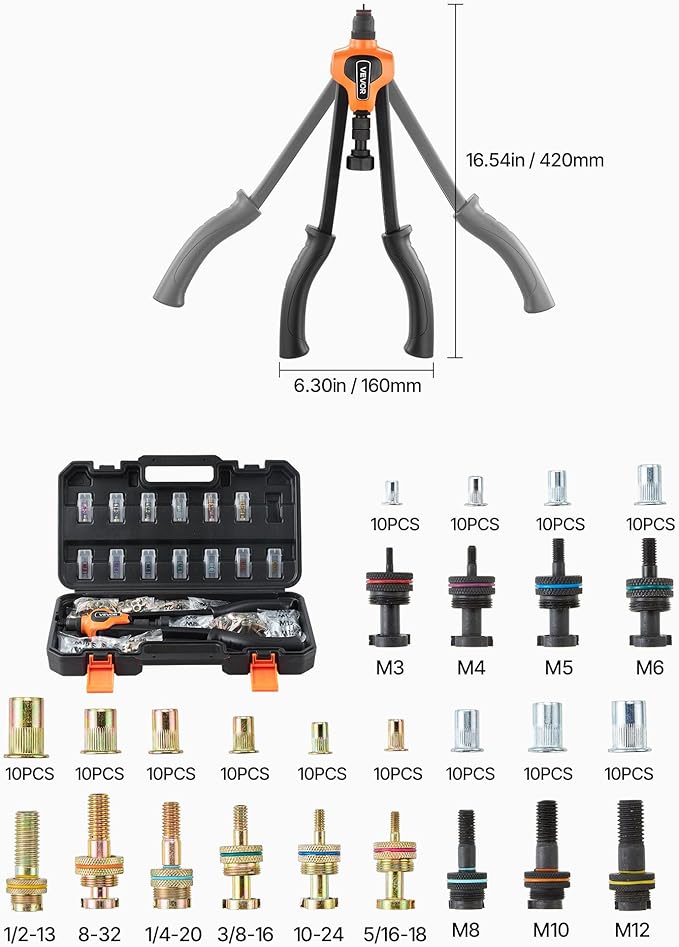 VEVOR Rivet Nut Tool Kit, 17-Inch Rivnut Tool Kit, with 13 Mandrels and 130 Nuts, Metric and SAE Size M3, M4, M5, M6, M8, M10, M12, 1/2-13, 8-32, 10-24, 1/4-20, 5/16-18, 3/8-16 UNC, a Carrying Case