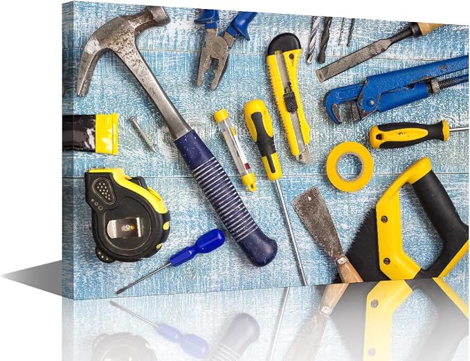 Repairman Maintenance and Housework Project Tools on Workshop Desk Top View Picture 1 Panels Canvas Wall Art Poster Framed Artwork for Home Living Room Bedroom Wall Decoration (12" Wx18 H)