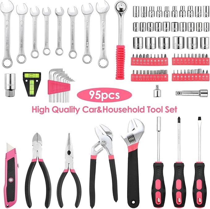 TLGREEN 95-Piece Home Tool Set with Storage Case, Pink | Wrench, Pliers, Sockets And Bits in One Case; Household Maintenance, Apartment Projects And DIY Repairs