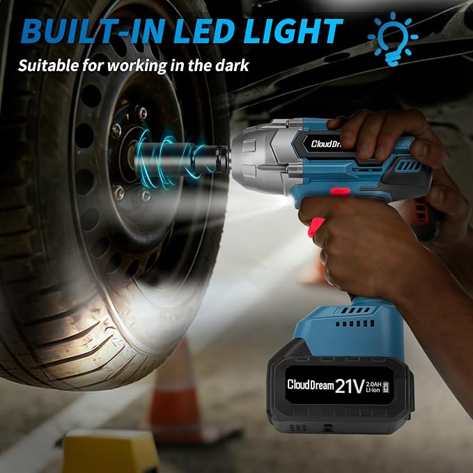 CloudDream 1200N.m Cordless Impact Wrench,Brushless Gun with 2 Batteries | 1/2 Inch Electric Impact Gun with Fast Charger,5 Sockets,Case for Car Tires,Mower,Pickup