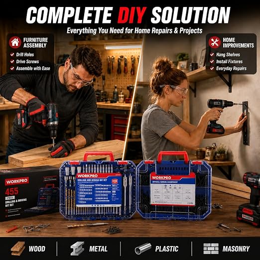 WORKPRO 455Pcs Drill Bit Set, 105-Piece Drill & Screwdriver Bit w/ 350 Screws Combo Kit, All-in-One Double Sided Power Tool Accessory Set Gift for DIY Home Repair & Masonry