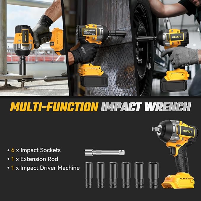 OLIBUY Cordless Impact Wrench for De-walt 20V Battery, 1106Ft-lbs (1500N.m) 1/2 Electric Impact Driver, 3 Speed High Torque Impact Gun with 6 Sockets, Impact Wrench for Car Home Mower (No Battery)