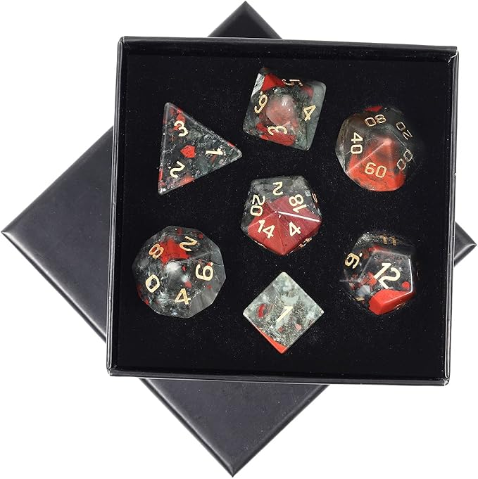 mookaitedecor 7 PCS Africa Bloodstone Crystal Polyhedral DND Dice Set, Polished Tumbled Stones Dices for RPG MTG Table Games Home Decoration