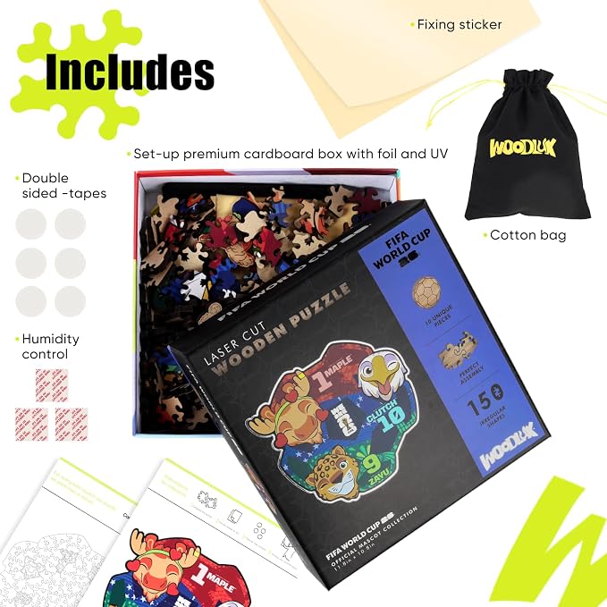 FIFA World Cup 2026 Mascot Wooden Jigsaw Puzzle, 150 Pieces Unique-Shape Collector’s Set (Clutch, Maple & Zayu) Official Merchandise – Fun for Kids & Adults, Ideal Soccer Fan Gift, 11.8 x 10.8 Inch