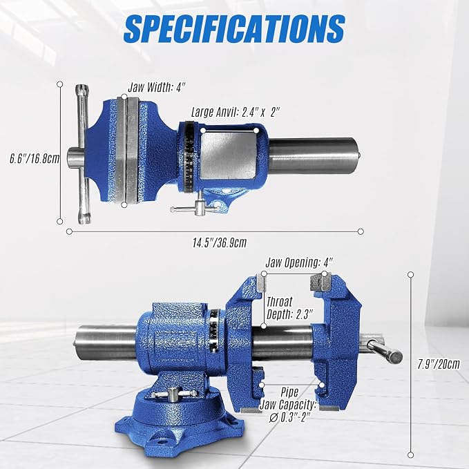 Heavy Duty Bench Vise 4“ Jaw Width and Opening, 360° Swivel Base with Anvil