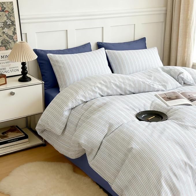Sedefen Blue Striped Duvet Cover 3 Pcs, Grey White Stripe Bedding Set with 2 Pillowcases, Modern Minimalist Stripes Soft Breathable Microfiber Duvet Cover Set for All Season