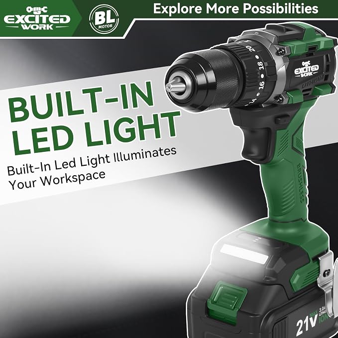 21V Brushless Power Drill Cordless, LAZYLAND 80Nm Electric Impact Drill Set with Dual 3.0Ah Batteries, 2 Variable Speed, 21+3 Torque Setting and LED Work Light for Home Repairing DIY, Green
