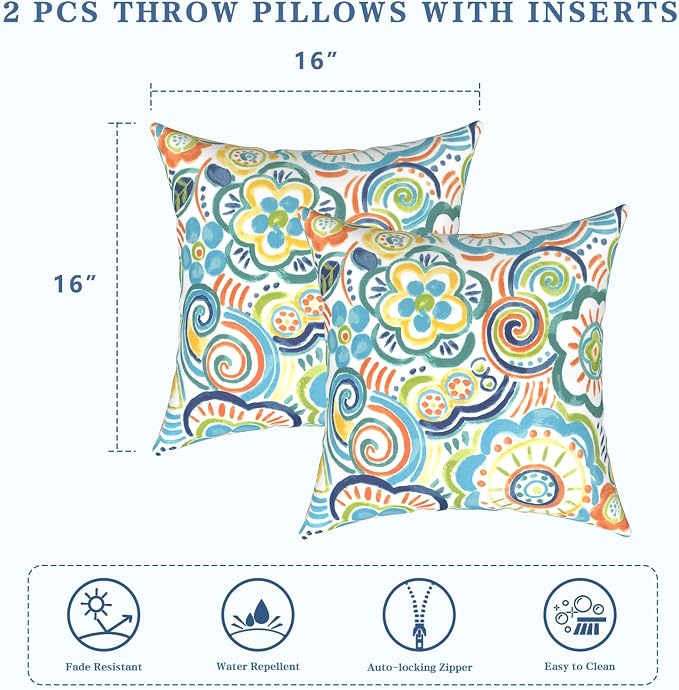 LVTXIII Outdoor Throw Pillows 16x16 Inch, Set of 2 Square Decorative Pillows with Inserts for Patio Furniture, Porch Chair, Garden Sofa, Flower Blue
