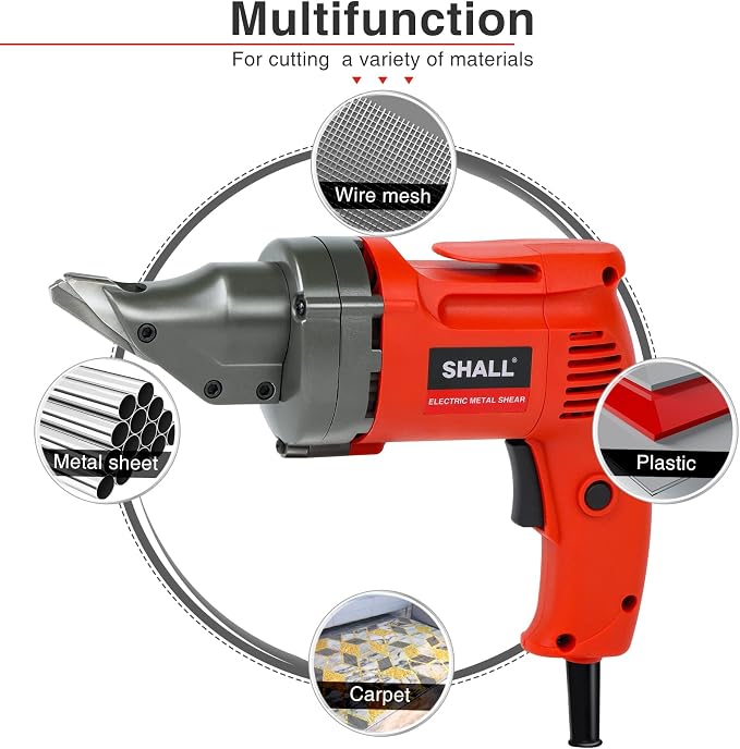 SHALL Electric Metal Cutting Shear, 4.0-Amp Corded Sheet Metal Cutter, Variable Speed with 360 Degree Swivel Head, Continuous Cutting, Clean Cut for 14GA Sheet Metal & 16GA Stainless Steel, 2500 SPM