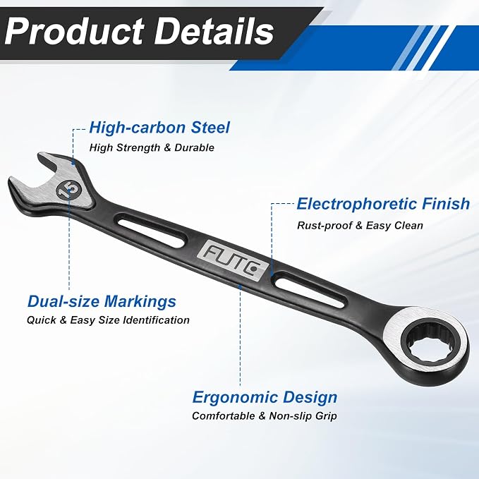 HARFINGTON Ratcheting Combination Wrench 15mm Stubby Wrench Metric High Carbon Steel Double 12-Point Box Open-Ended Ratchet Spanner Tool for Household Garage Workshop Auto Repairs, Black