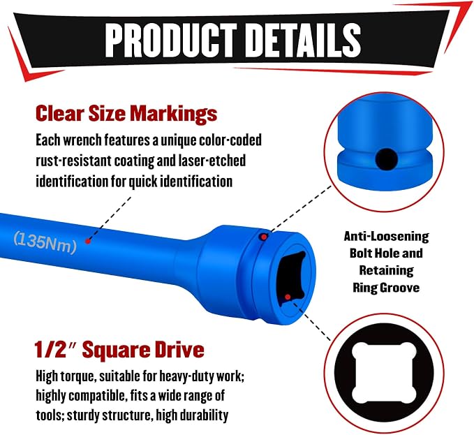 YIYITOOLS 5Pcs 1/2" Drive Torque Limiting Extension Bar Set, 8" Long Torque Sticks (65-140 Ft-lbs), Impact Socket Extensions with Storage Case, Color-Coded, for Lug Nuts, Tire Repair