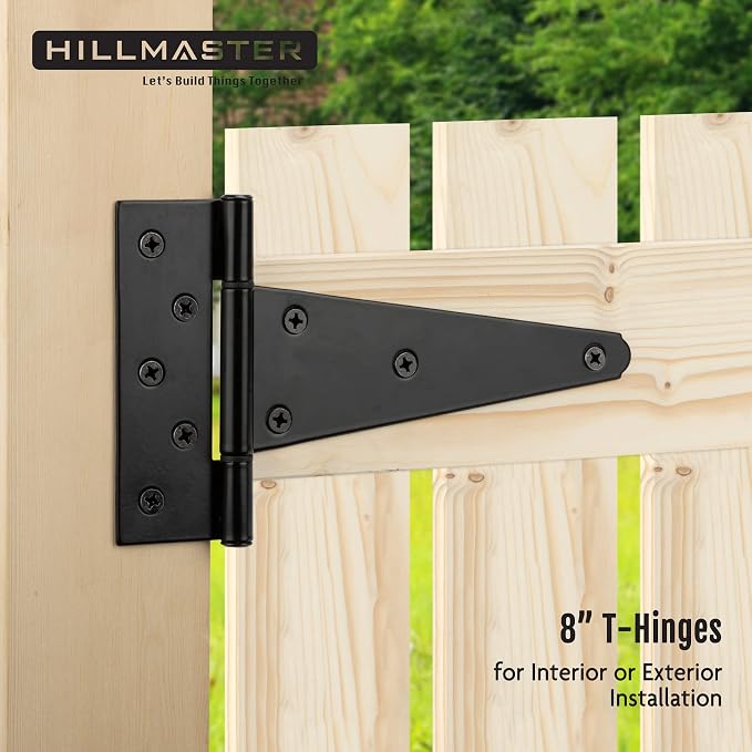 HILLMASTER 8 Inch T-Strap Heavy Duty Shed Door Hinges Gate Strap Hinges Black Tee Hinge Wrought Hardware for Wooden Fences,Yard,Barn Door,Rustproof (4 Pack)