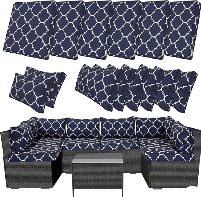 14 Piece Outdoor Patio Cushion Covers Replacement, Waterproof Outdoor Furniture Cushion Covers, Fit 7 Pcs 6 Seater Wicker Rattan Conversation Sofa Set,Geometry(Only Cover) 25.6x25.6