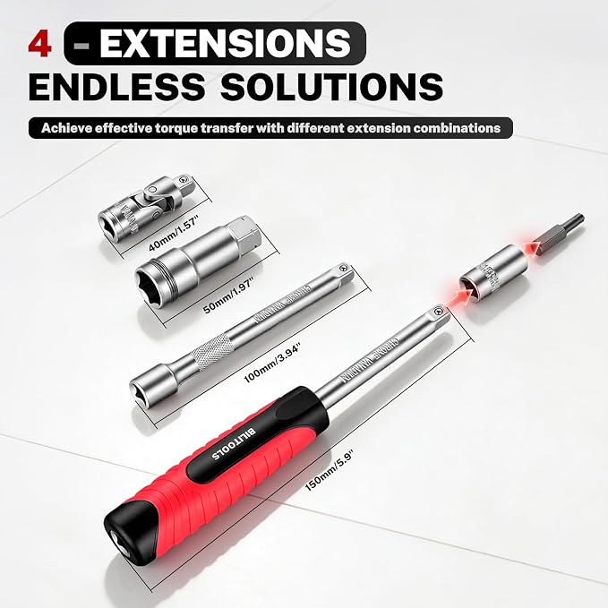 BILITOOLS 29PCS 1/4" Pass Through Socket Set with Spline Sockets & Bits | Small Pass Thru Go Through Ratchet Mechanics Tools Set for Tight Spaces, Low Profile 72-Tooth Wrench