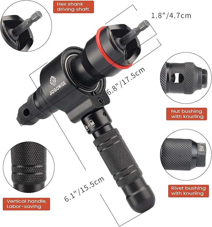 2-in-1 Design Cordless Rivet Gun Adapter and Rivet Nut Adapter,Electric Drill Tools Accessory Kit with Carry Case,7 Metric Mandrels M3 to M12, 6 Rivet Heads 2.4mm to 6.4mm