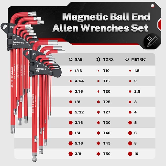 TOMMARS Allen Wrench Sets, SAE, Metric & Torx, Magnetic Ball End T-Handle | Magnetic Ball End, S2 Steel, T-Handle, SAE(1/16"-3/8"), Metric(1.5mm-10mm), TORX(T10-T50)