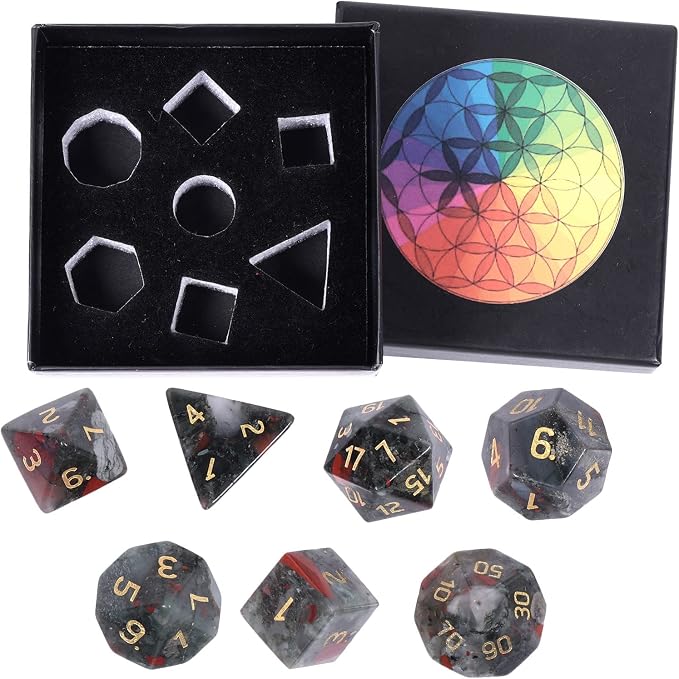 mookaitedecor 7 PCS Africa Bloodstone Crystal Polyhedral DND Dice Set, Polished Tumbled Stones Dices for RPG MTG Table Games Home Decoration