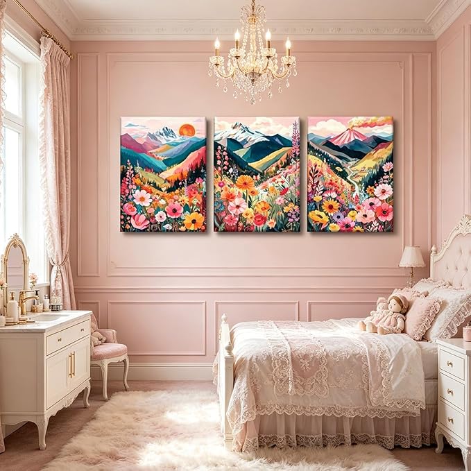 Frimeeme Colorful Watercolor Floral Mountain Canvas Wall Art, 3-Piece Boho Nature Landscape Print, Living Room Bedroom Decor, 12x16 in,Framed
